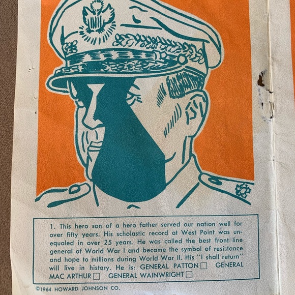 1964 Howard Johnson's "History's Heroes" Kid's Menu Family Quiz-Along Lithograph - Picture 5 of 7